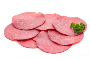 Salami smoked sausage one slice isolated on white background cutout.