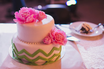 wedding cake with pink and green decorations