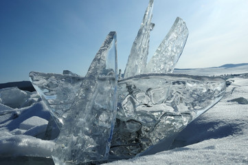 transparent pieces of ice on the surface of the iced nad snowcaped pond. Baikal lake. Photo toned