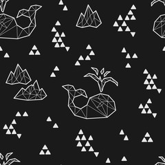 Seamless black and white kids tribal vector pattern with whales and triangles.