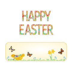 Banner Happy easter  wicker basket with Easter eggs with butterflies   vector