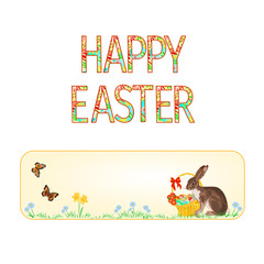 Banner Happy easter Bunny and basket with Easter eggs and butterfly vintage vector illustration