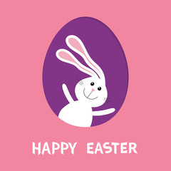 Happy Easter. Bunny rabbit hare with big ears inside painted egg frame window. Cute cartoon character. Baby greeting card. Pink background. Flat design.