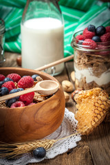 Tasty breakfast with milk and fruit.