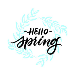 Hello spring greeting card with leaves wreath