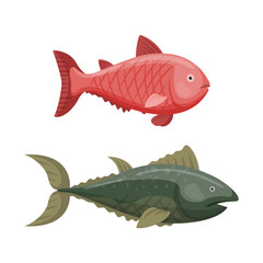Cute fish cartoon funny swimming graphic animal character and underwater ocean wildlife nature aquatic fin marine water vector illustration.