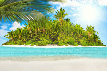 Naklejka na ściany i meble Whole tropical island within atoll in Indian Ocean and blank sand on a tropical island.