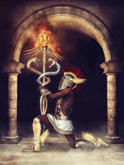 Hermes z płonącym Kaduceuszem klęczący na tle ciemnej bramy - obrazy, fototapety, plakaty