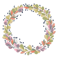 Wreath with fantasy plants and leaves. Decorative floral design elements for invitation, wedding or greeting cards. Hand drawn vector illustration in watercolor style