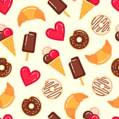 Funny vector pattern with donuts, ice creams, croissant and red hearts on yellow background