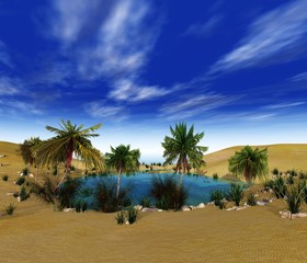 Beautiful oasis in the desert sand, palm trees over the water, 3d rendering
