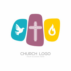 Church logo. Christian symbols. The cross of Jesus Christ, a dove - the Holy Spirit and flame.