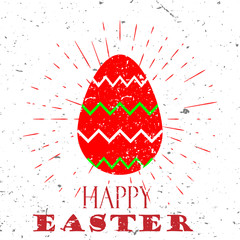 Happy Easter concept with red egg and Lettering Typography with burst on a Old Textured Background. Vector illustration for cards, banners, print