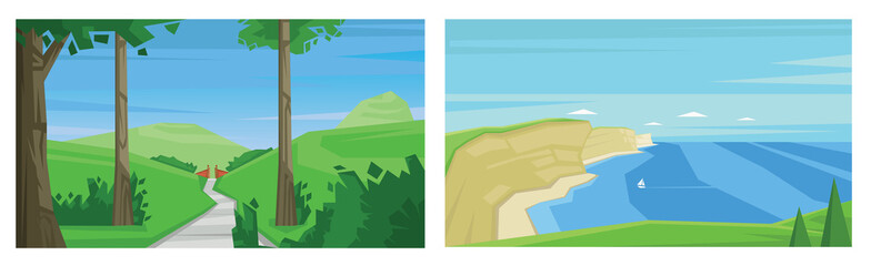 Digital vector abstract background set with forest and sea shores and a boat on water, flat triangle style