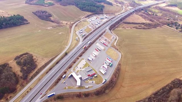 Aerial view of highway D5 gasoline station with parking nearby Pilsen, Czech republic, Central Europe. Transportation concept.