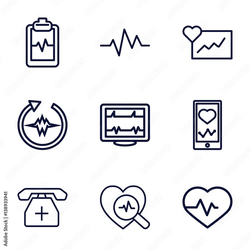 Poster set of 9 cardiogram outline icons
