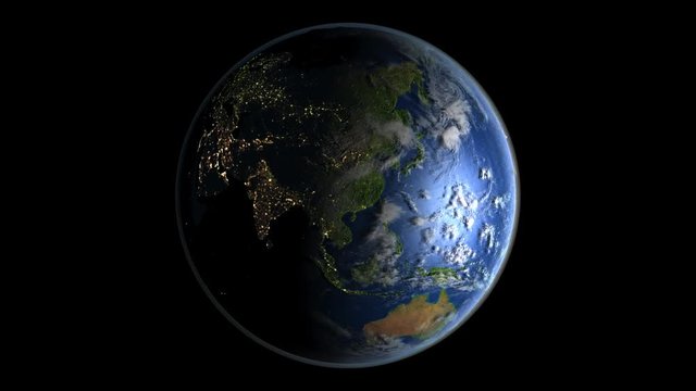 Satellite view of planet Earth rotating - northern hemisphere. High quality surface texture, visible relief and city lights. Seamless loop. 4K PNG format with transparent channel included.