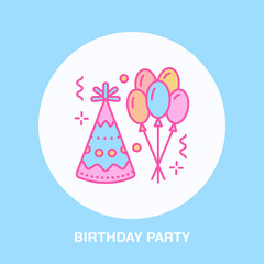 Birthday party line icon. Vector logo for party service or event agency. Linear illustration of balloons, birthday hat and confetti.