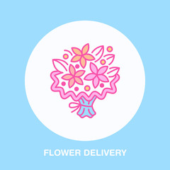 Flower delivery line icon. Vector logo for floral decoration service. Flower shop thin linear symbol, bouquet illustration.