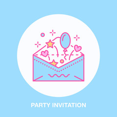 Birthday party invitation line icon. Vector logo for party service or event agency. Linear illustration of wedding invitation in envelope.