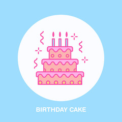 Birthday cake line icon. Vector logo for bakery, party service. Tasty torte thin linear symbol for event agency. Linear illustration of dessert.