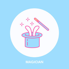 Magician line icon. Vector logo for illusionist, party service or event agency. Linear illustration of magic wand and rabbit in hat.