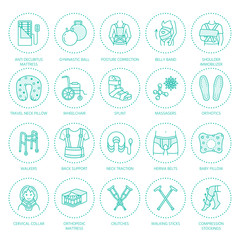 Orthopedic, trauma rehabilitation line icons. Crutches, orthopedics mattress pillow, cervical collar, walkers and other medical rehab goods. Health care thin linear signs for clinic and hospital.