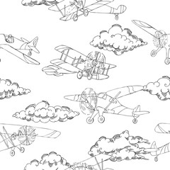 Seamless pattern with clouds and airplanes