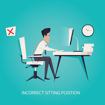 Modern vector illustration of incorrect back sitting position. Working in wrong way