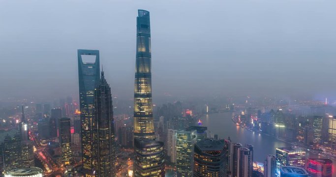 Time-lapse of Shanghai's three tallest skyscrapers, the Shanghai World Financial Center, the Jin Mao Tower, and the Shanghai Tower at sunset