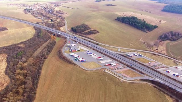 Aerial view of highway D5 gasoline station with parking nearby Pilsen, Czech republic, Central Europe. Transportation concept.