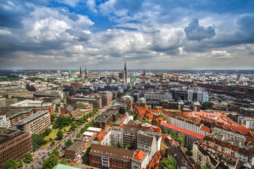Overlook from the Michelin Tower to the old town in Hamburg, Germany