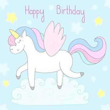 Fototapeta Cute unicorn print for kids. happy birthday card