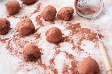 Fototapeta na wymiar Dark chocolate truffles covered with cocoa powder