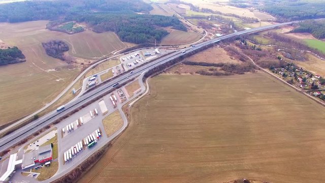 Aerial view of highway D5 gasoline station with parking nearby Pilsen, Czech republic, Central Europe. Transportation concept.