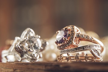 Diamond rings over wood table