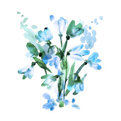Fototapeta na wymiar Watercolor hand painted snowdrops isolated on a white background. Spring flowers. Invitation, wedding card, birthday card.