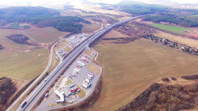 Aerial view of highway D5 gasoline station with parking nearby Pilsen, Czech republic, Central Europe. Transportation concept.