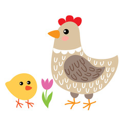 Cute cartoon hen and chicken