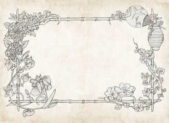 Cornice floreale giapponese, su sfondo pergamena © Orietta
