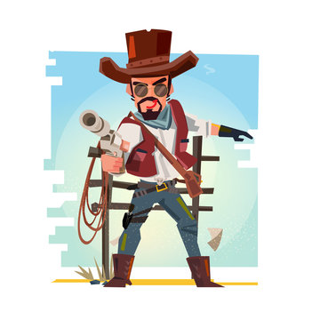 Smart cowboy holding his gun and aiming the guns. character design - vector