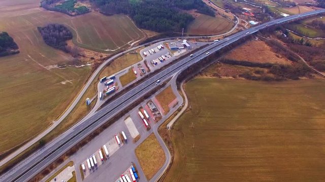 Aerial view of highway D5 gasoline station with parking nearby Pilsen, Czech republic, Central Europe. Transportation concept.