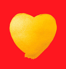 Vector shining gold heart. Watercolor texture brush strokes isolated on red. Abstract hand painted golden background.