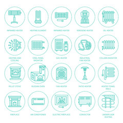 Oil heater, fireplace, convector, panel column radiator and other house heating appliances line icons. Home warming thin linear pictogram such as kotatsu, Russian oven. Equipment store signs.