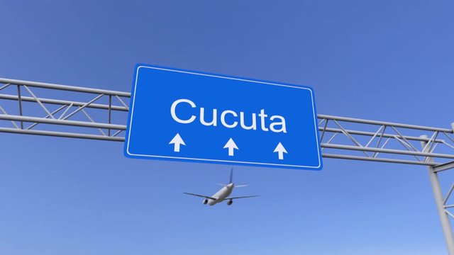 Commercial airplane arriving to Cucuta airport. Travelling to Colombia conceptual 4K animation