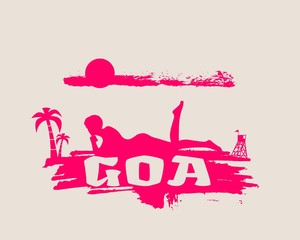 Young woman sunbathing on a beach. Silhouette of the relaxing girl on a grunge brush stroke. Vector illustration. Palm and lifeguard tower on backdrop. Goa text