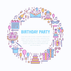 Event agency, birthday party banner with vector line icon of catering, birthday cake, balloon decoration, flower delivery, invitation card, clown. Thin linear sign of party organization service.