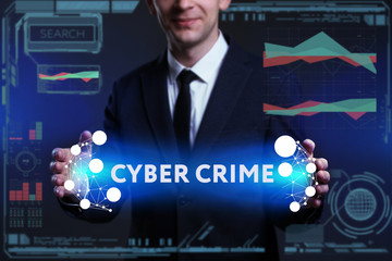 Business, Technology, Internet and network concept. Young businessman working on a virtual screen of the future and sees the inscription: Cyber crime