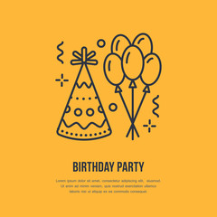 Birthday party line icon. Vector logo for party service or event agency. Linear illustration of balloons, birthday hat and confetti.