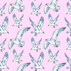 Gull flight bird and seabird . Sea. Seamless pattern